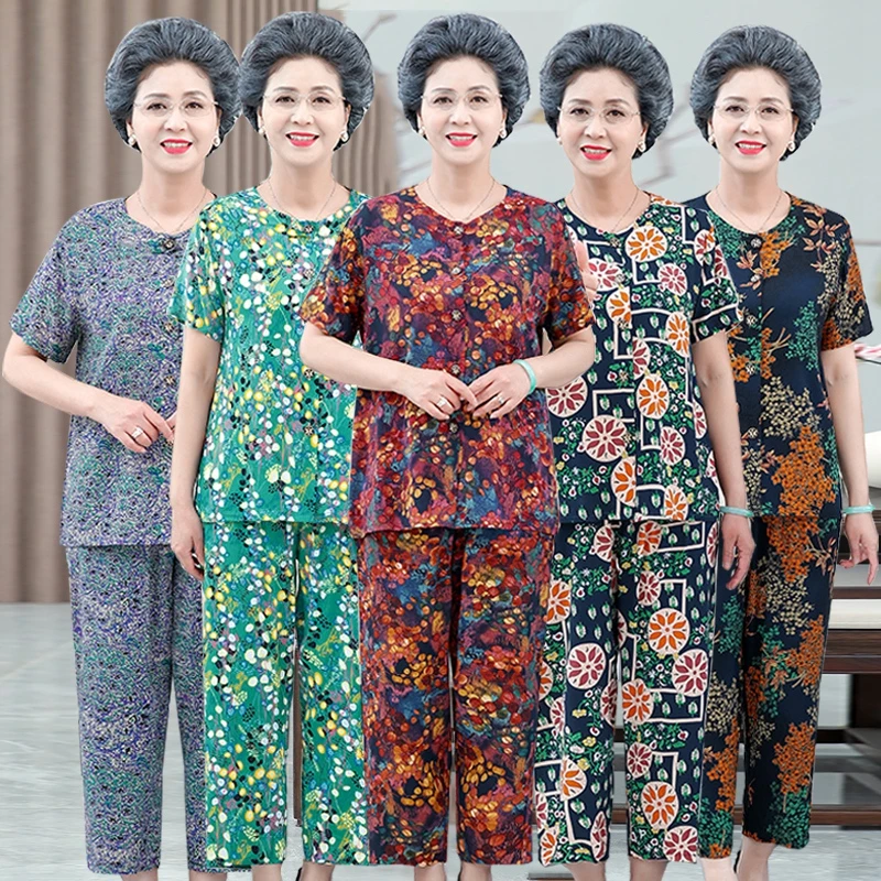 奶奶装夏季绵绸短袖九分裤两件套2025年新款睡衣女套装休闲家居服