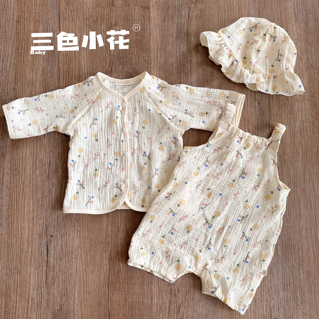 夏季新款宝宝纱布连体衣宝宝夏季薄款纯棉三件套