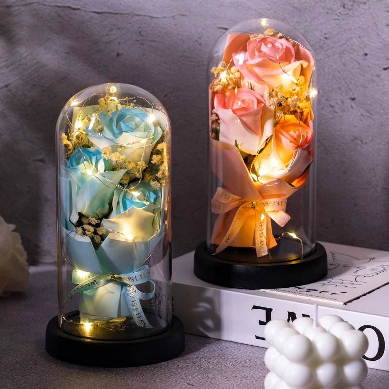【新疆包邮】节生日礼物亚克力罩永生花干花送女友玫瑰满天星摆件