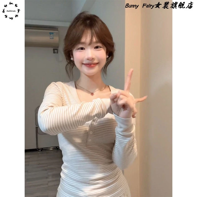 韩系甜妹条纹半开领长袖t恤女早春季2025新款内搭打底衫修身上衣