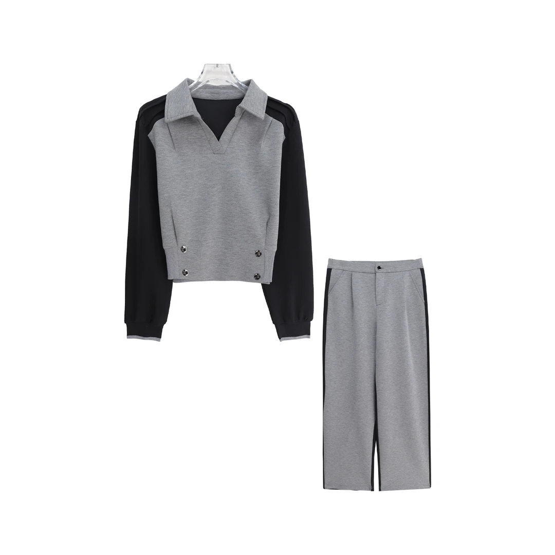 S简约翻领卫衣上衣宽松休闲裤慵懒风套装S3576