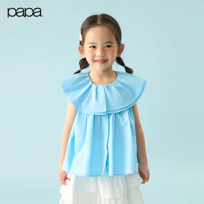 【新品】papa爬爬夏季儿童衬衫女童纯棉荷叶领无袖上衣甜美可爱