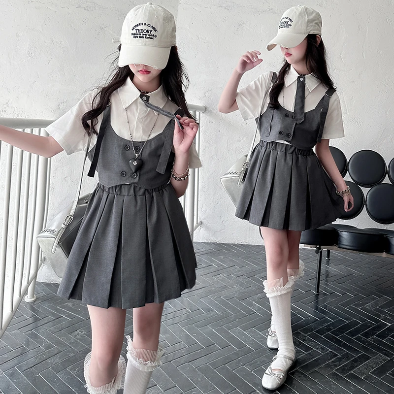 女童西装马甲衬衫JK套装2025夏季洋气儿童学院风百褶半身裙三件套