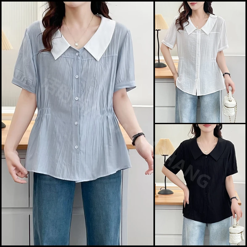 大码胖mm遮肚子显瘦V领短袖衬衫女夏2025新款设计感小众气质上衣