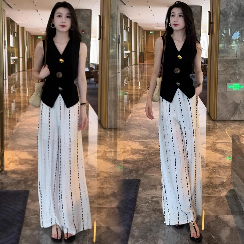时尚套装女2025夏季新款洋气绑带收腰V领无袖上衣阔腿裙裤两件套