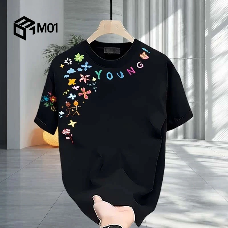 M01短袖t恤男夏季衣服美式休闲圆领卡通涂鸦手绘印花情侣重磅半袖