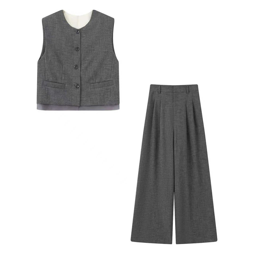 迪家商场同款2025秋新百搭圆领高级感拼接无袖马甲背心套装女3247