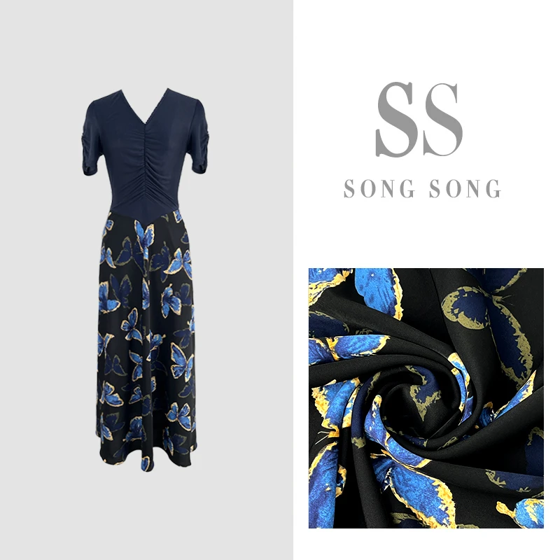 SONG-原创【连衣裙-爱意浓蝶】新款印花拼接捏褶时尚百搭显瘦气质