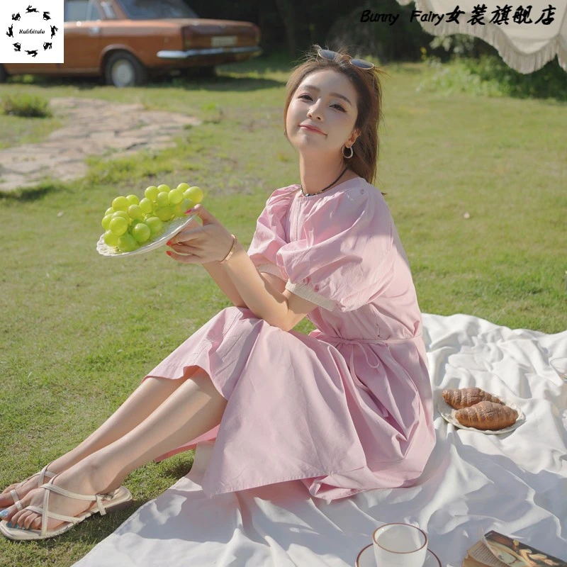 少女心粉色泡泡袖连衣裙女2025夏季新款甜美减龄圆领温柔风长裙子