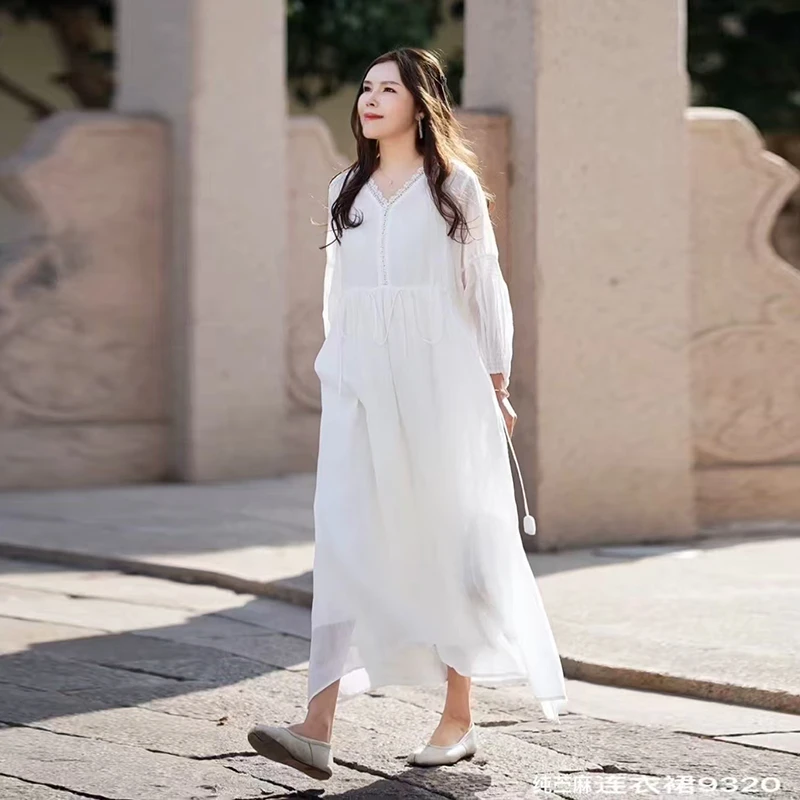 2025夏季新款V领纯色拼接花边高端苎麻双层连衣裙褶皱收腰长裙子