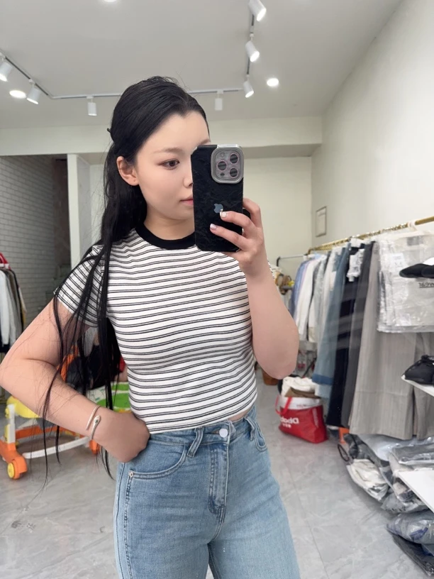 拼接拼色条纹短袖圆领黑白针织撞色显瘦呆呆小怪兽时尚T恤