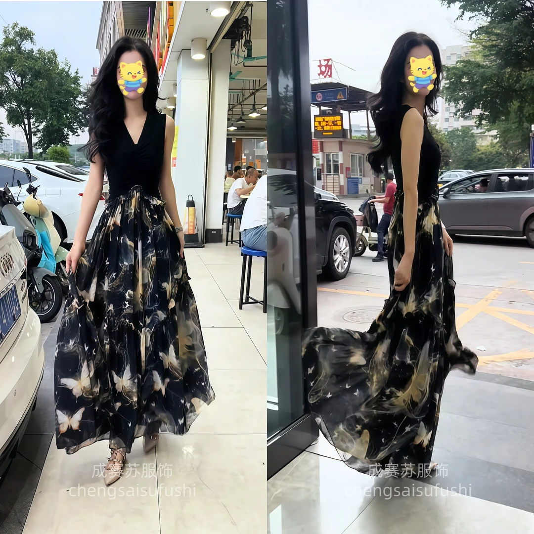 时尚气质显瘦高腰拼接印花无袖大摆长裙连衣裙