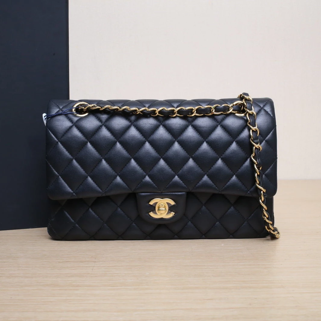 95新 Chanel/香奈儿 【小花黑黑】CF 口盖包 中号 黑色 29开 金扣