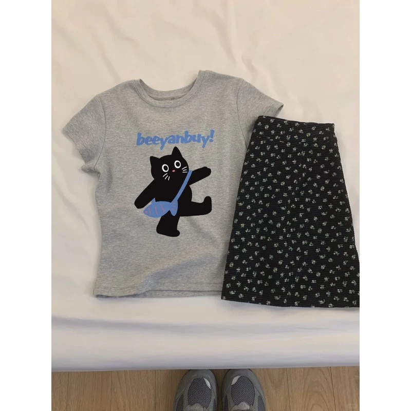 韩系纯欲风黑色碎花半身裙女2025夏季新款半裙小个子a字裙子短裙