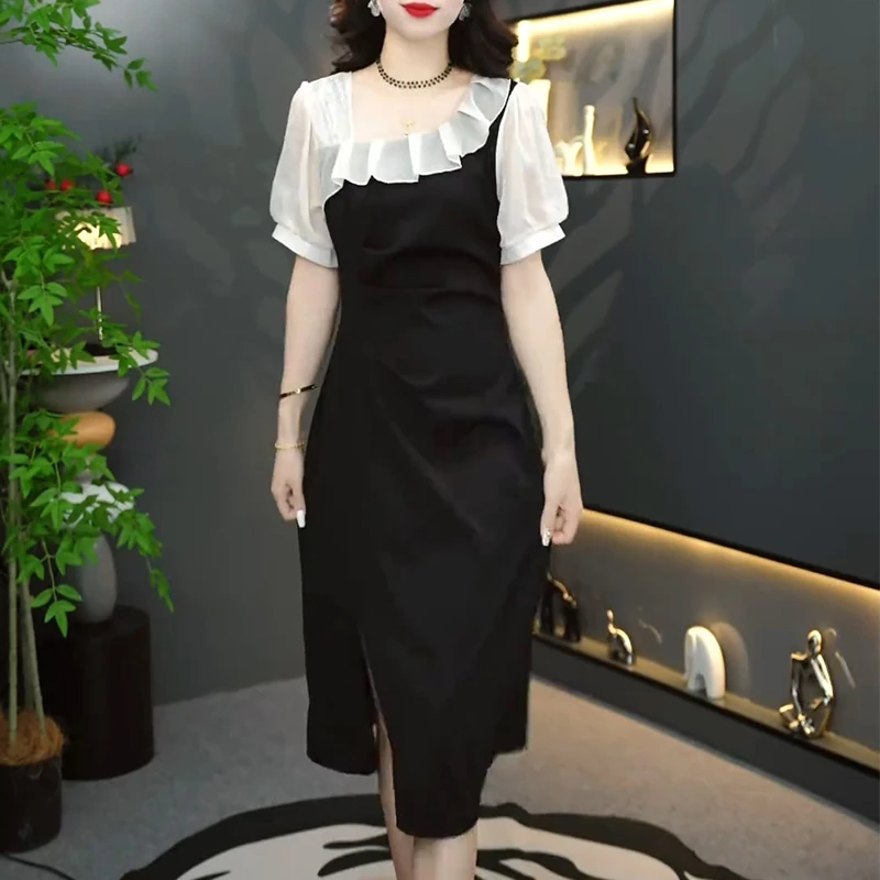 法式时尚设计款荷叶边拼接小黑裙2025夏季新款修身中长款连衣裙潮