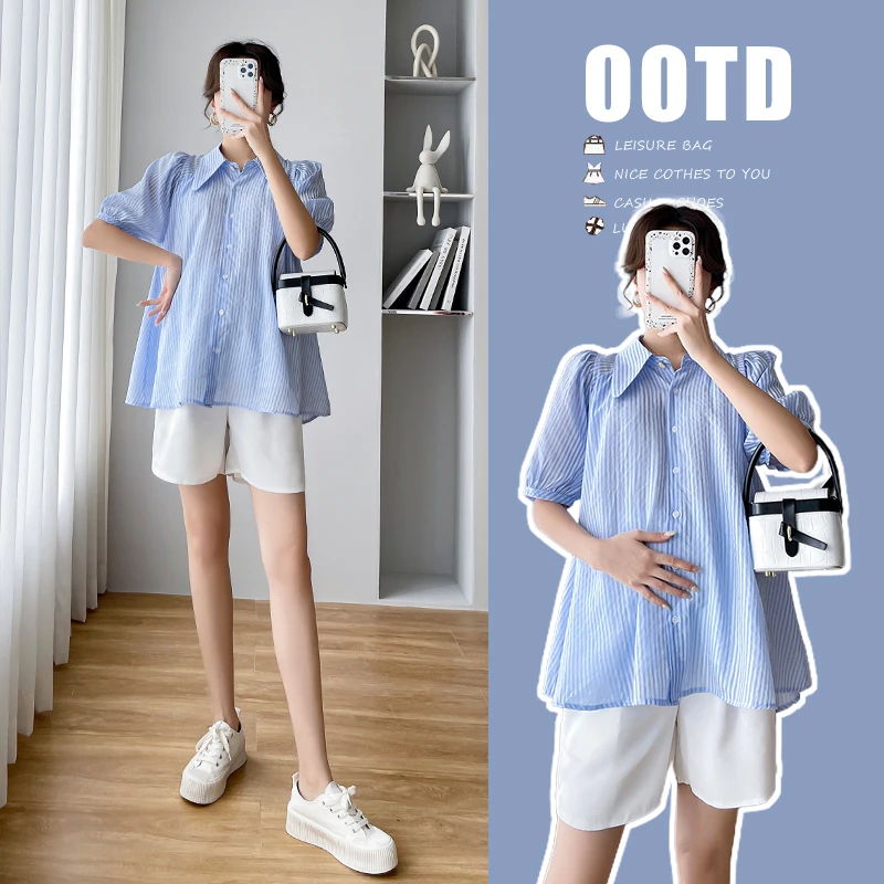 2025夏季新款孕妇通勤条纹衬衫上衣