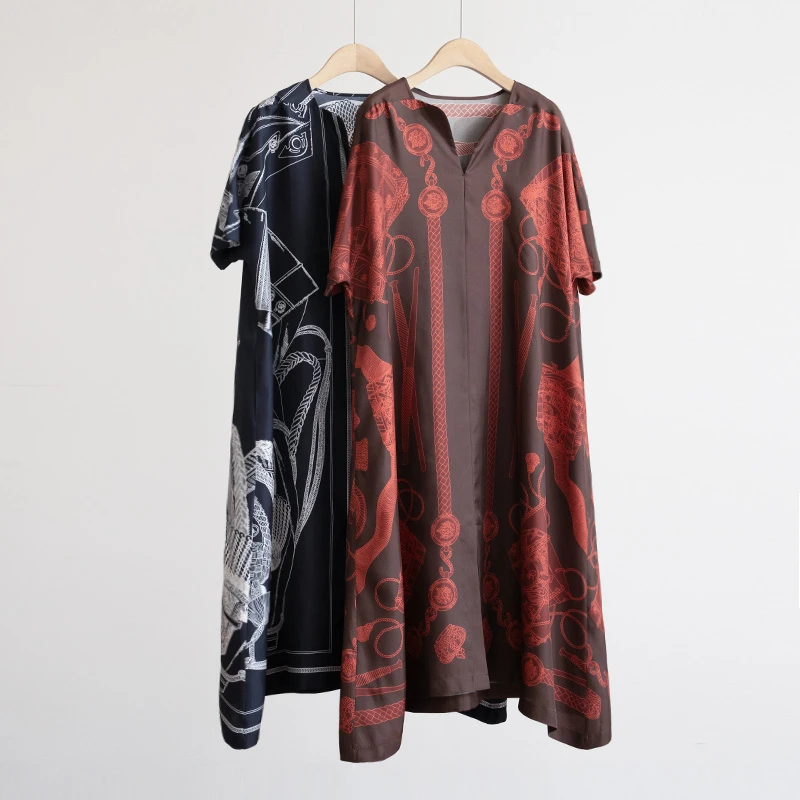 时尚巴黎重磅桑蚕丝斜纹绸定位印花女士真丝A字连衣裙（250723）