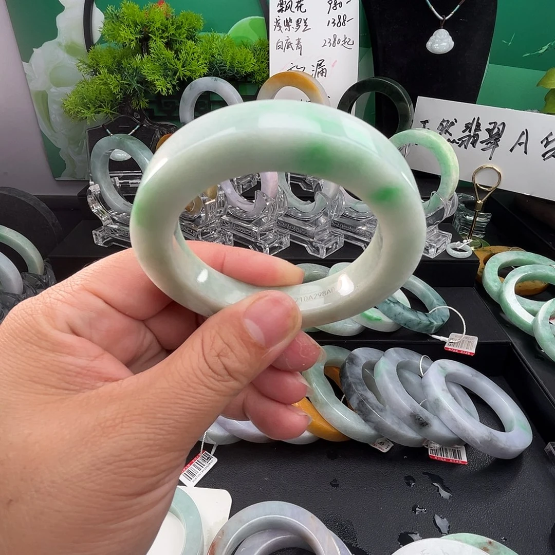 定制翡翠未镶嵌翡翠手镯绿飘花圈口52-58