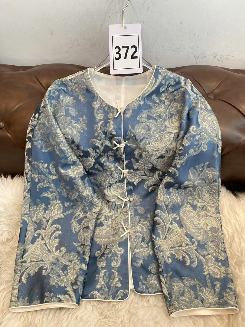 "372"蓝色桑蚕丝人丝提花外套