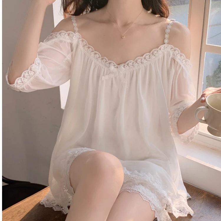 短袖薄款透气夏季一字肩网纱睡衣套装带胸垫蕾丝睡裙纯欲公主风