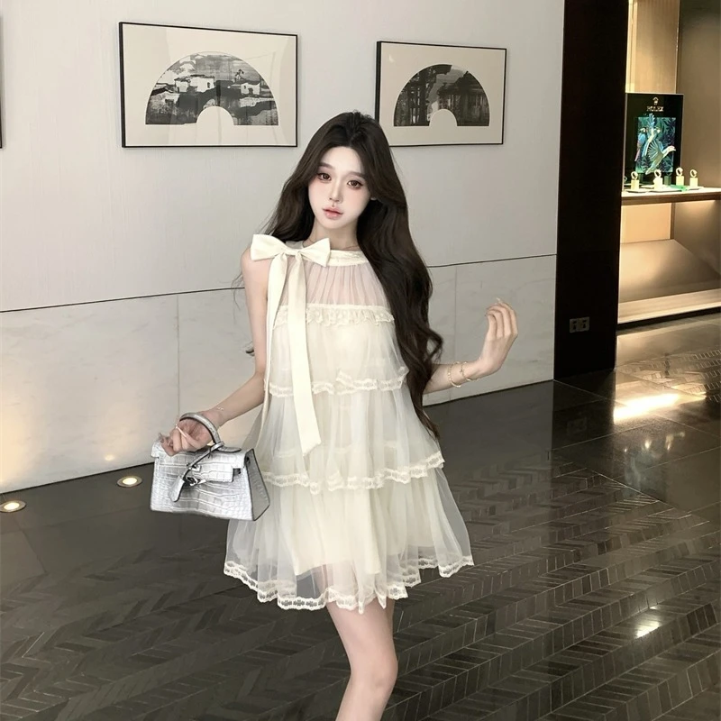 2025夏季新款蝴蝶结无袖挂脖包臀连衣裙纯欲风网纱蓬蓬慵懒A字裙