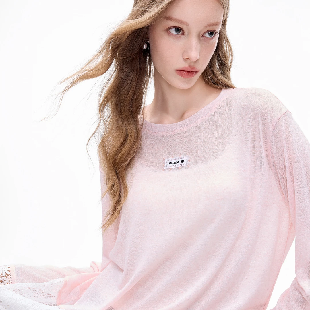 MISSCOCOON可可尼粉色薄长袖T恤女2025秋新款苎麻上衣