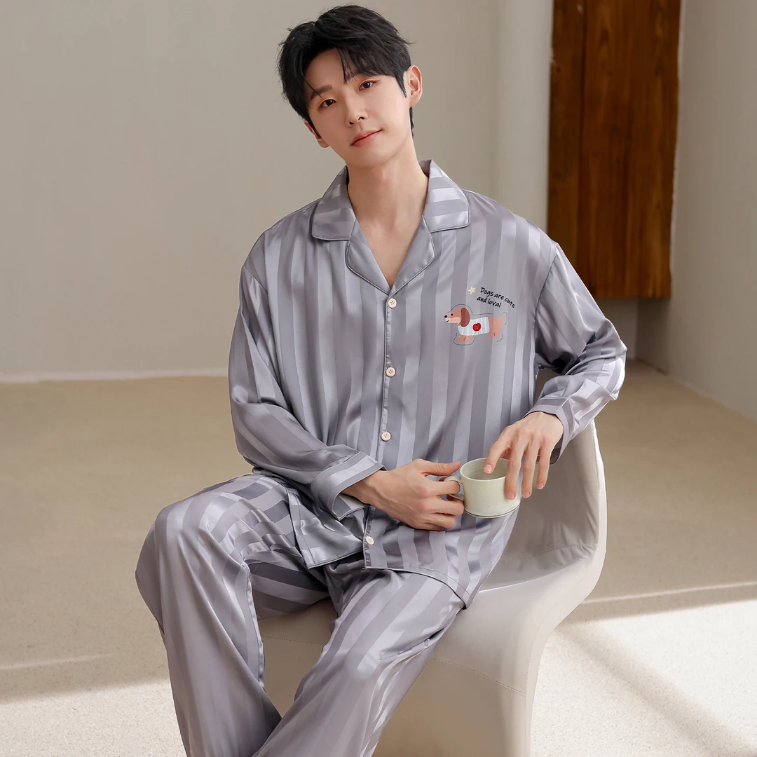 YIHAN-新款冰雪丝睡衣男亲肤轻薄透气可外穿宽松春秋家居服两件套