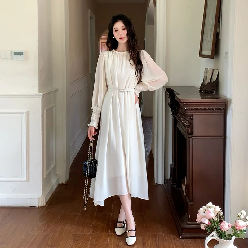 2025春季新款法式名媛气质温柔风纯色显瘦雪纺长袖长款时尚连衣裙