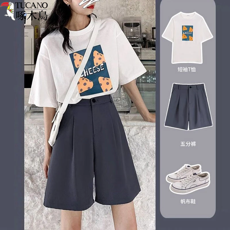 TUCANO/啄木鳥夏季显瘦中裤宽松短裤高腰直筒五分裤裤子西装裤女