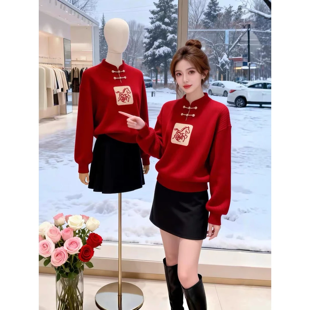 新中式盘扣国风高级感毛衣女2025冬季宽松显瘦新年红色套头针织衫