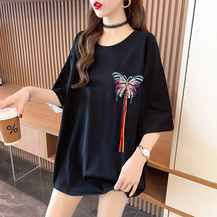 重工刺绣蝴蝶休闲短袖T恤夏季宽松款型街头设计感大码女装上衣