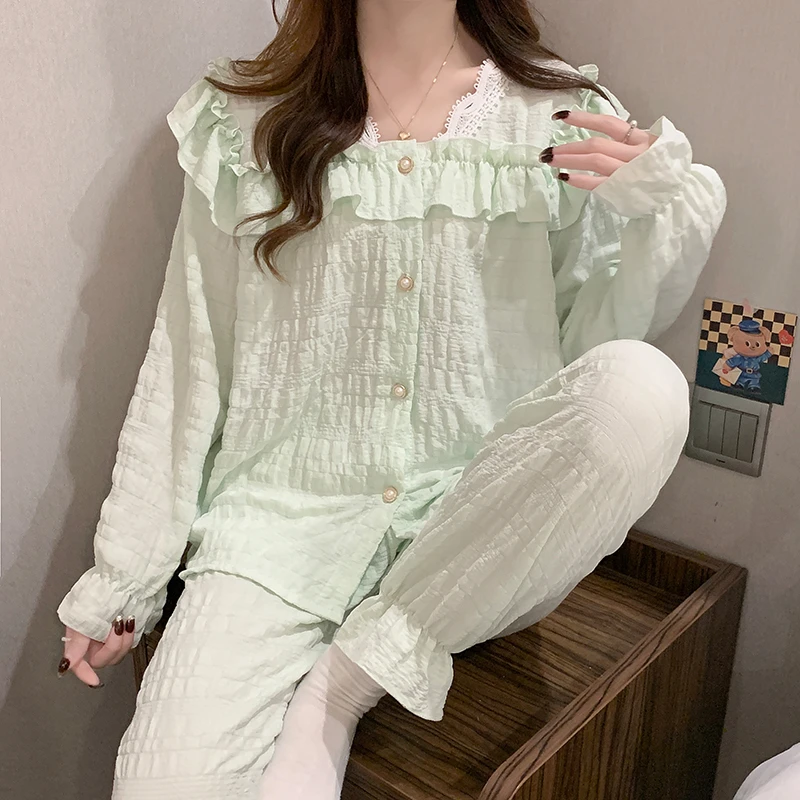 睡衣女长袖家居服甜美春秋季花边韩版公主风开衫家居服套装9020
