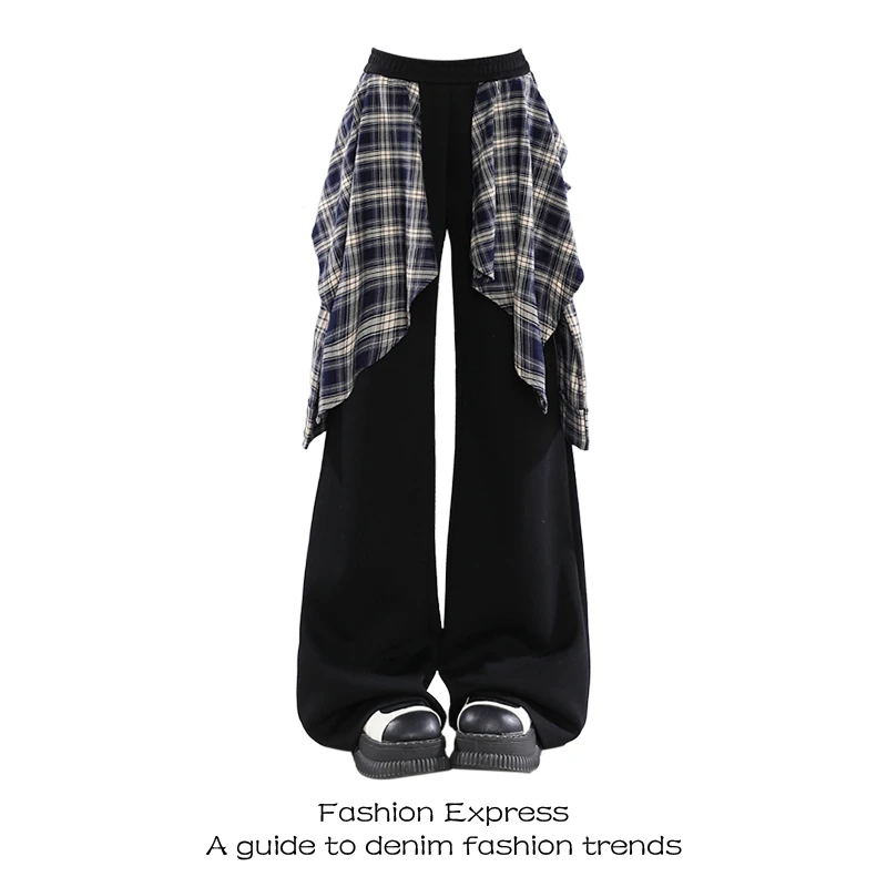 大码美式街头黑色拼接格子裙摆运动裤女装春季宽松假两件休闲裤子