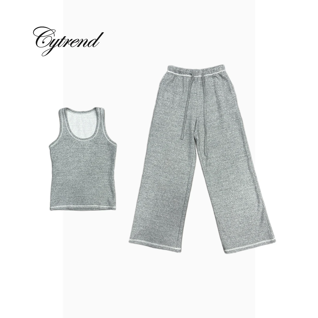 CYZC152撞色边雪花色背心直筒裤套装