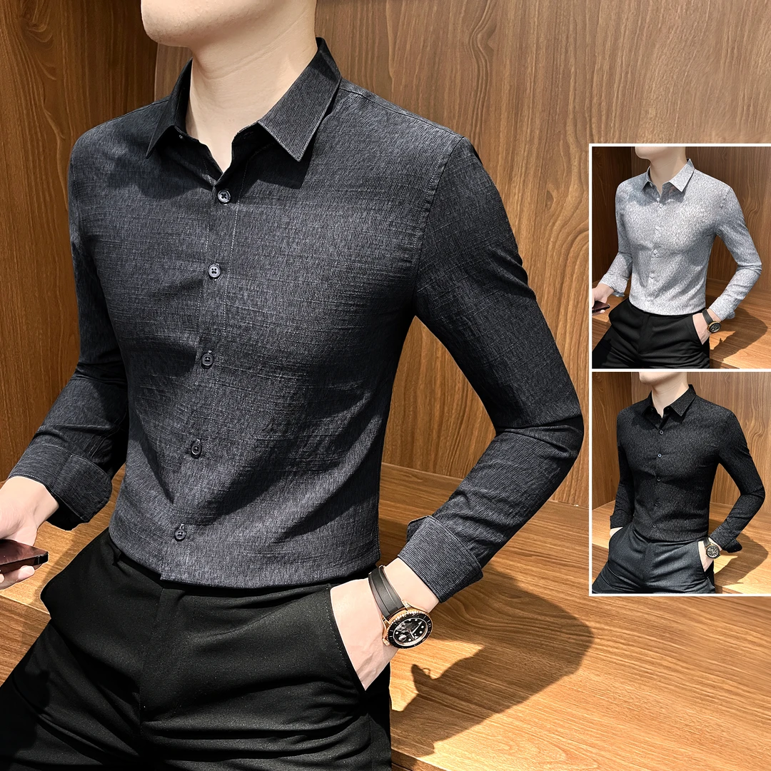 肌理感褶皱衬衫男款长袖商务休闲轻奢高级感男装修身百搭男士衬衣