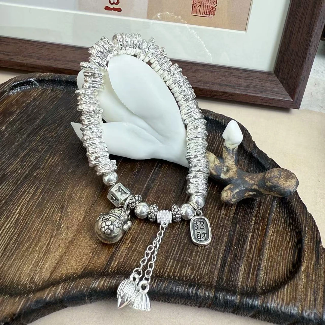 足银手链 足银手链 亮亮闪闪碎银几两招财猫盘缠弹力绳百搭手链