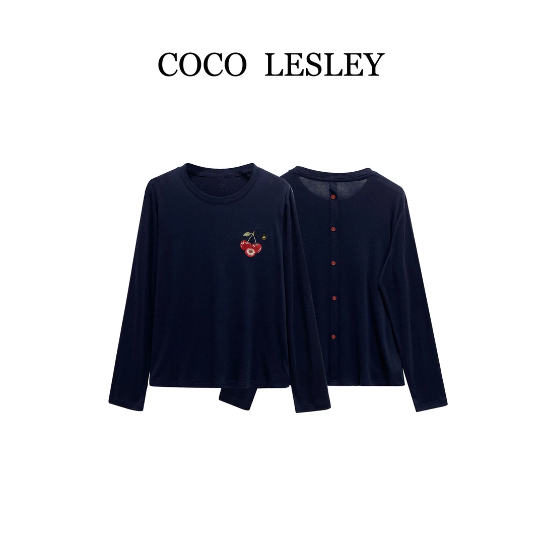 【COCO LESLEY】68283#轻奢重工刺绣樱桃T恤衫2025秋百搭设计师上衣