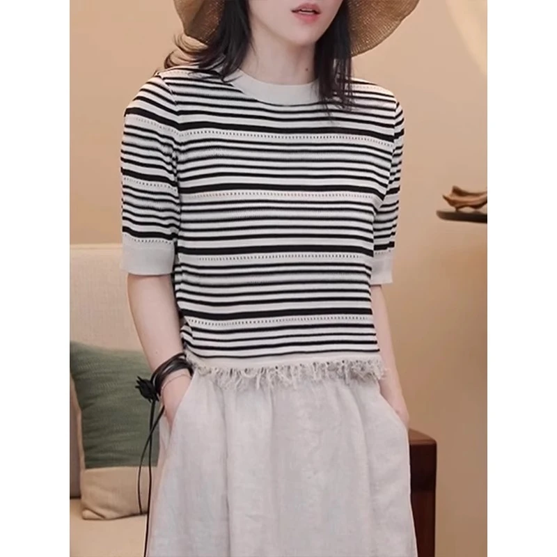 下摆流苏条纹短袖针织衫女2025年夏季新款时尚洋气高级感体恤上衣