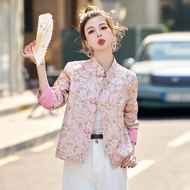 新中式国风盘扣提花短外套女2025春秋新款小个子复古立领洋气上衣