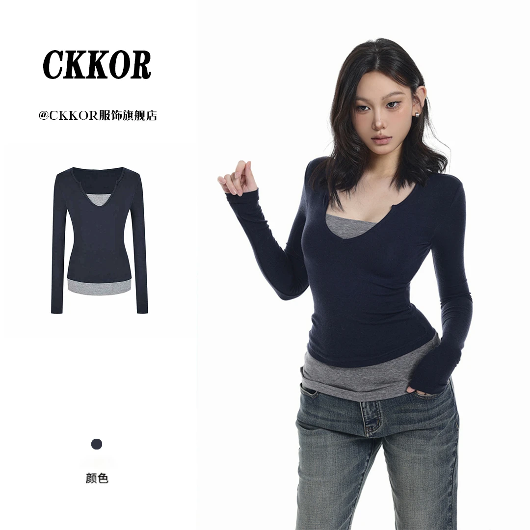 CKKOR美式修身假两件V领打底衫女内搭春秋高档时尚显瘦长袖上衣女