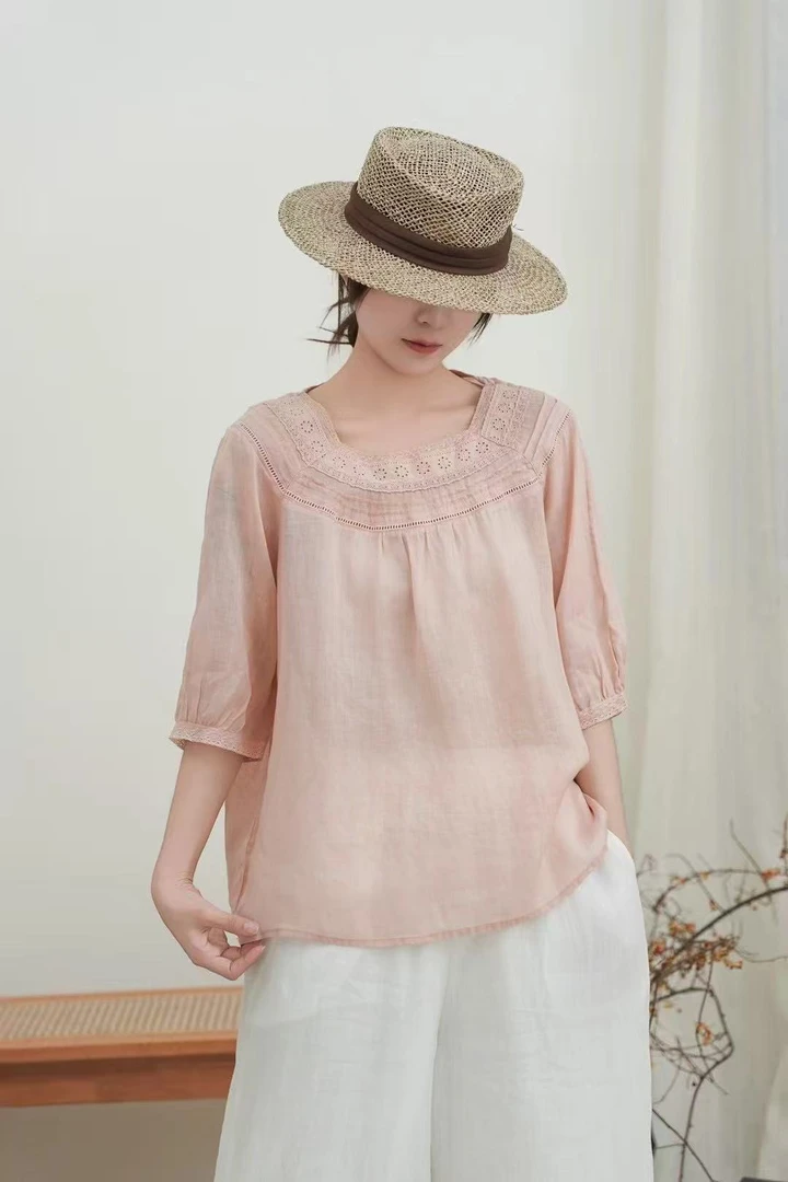 【八號】1-100气质显瘦孤品短袖苎麻小衫