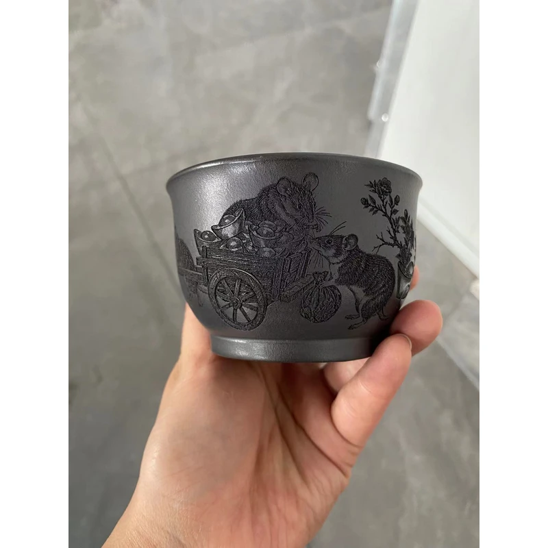 【3018五鼠运财杯】宜兴原矿紫砂手工刻绘五鼠运财杯  主人杯