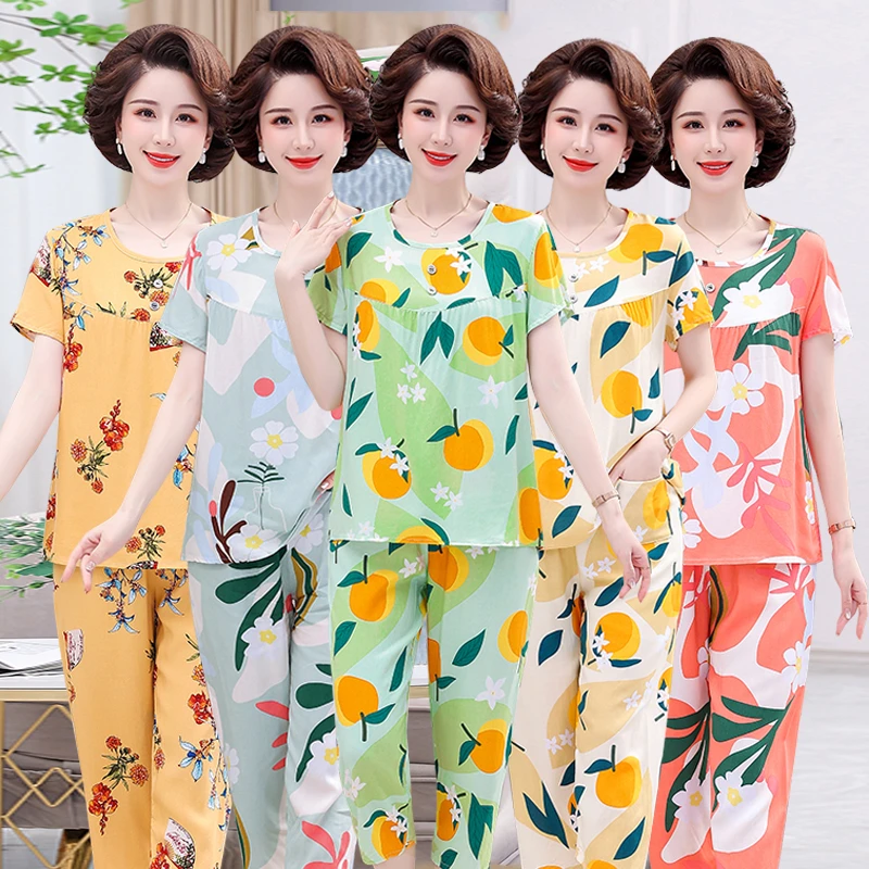 夏季短袖七分裤睡衣女套装2025年新款中老年妈妈装两件套家居服女