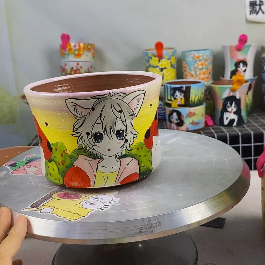 ****y紫砂花盆红陶手绘花盆