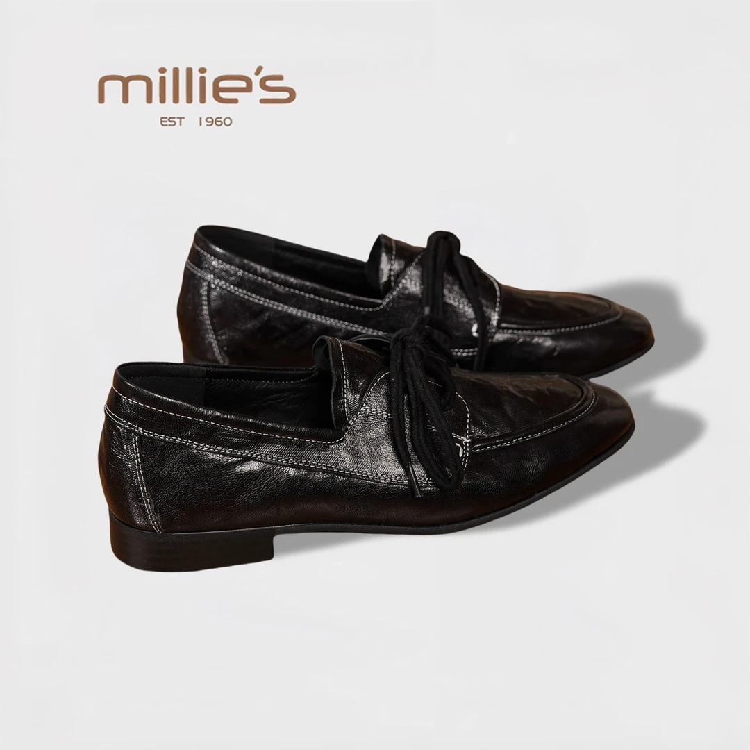 MILLIE'S/妙丽2025新款复古手抓纹羊皮圆头系带平底小皮鞋一脚蹬