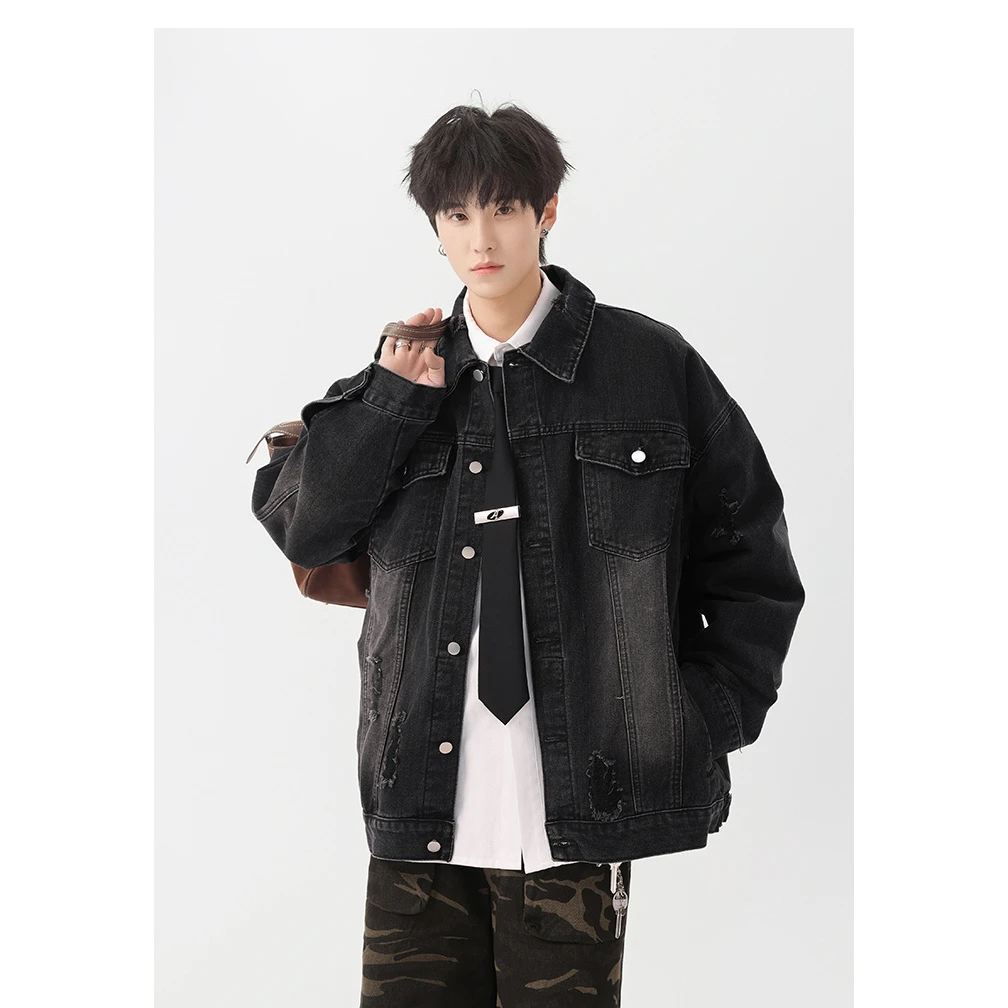 春秋季美式复古牛仔外套男女潮流痞帅破洞港风休闲夹克
