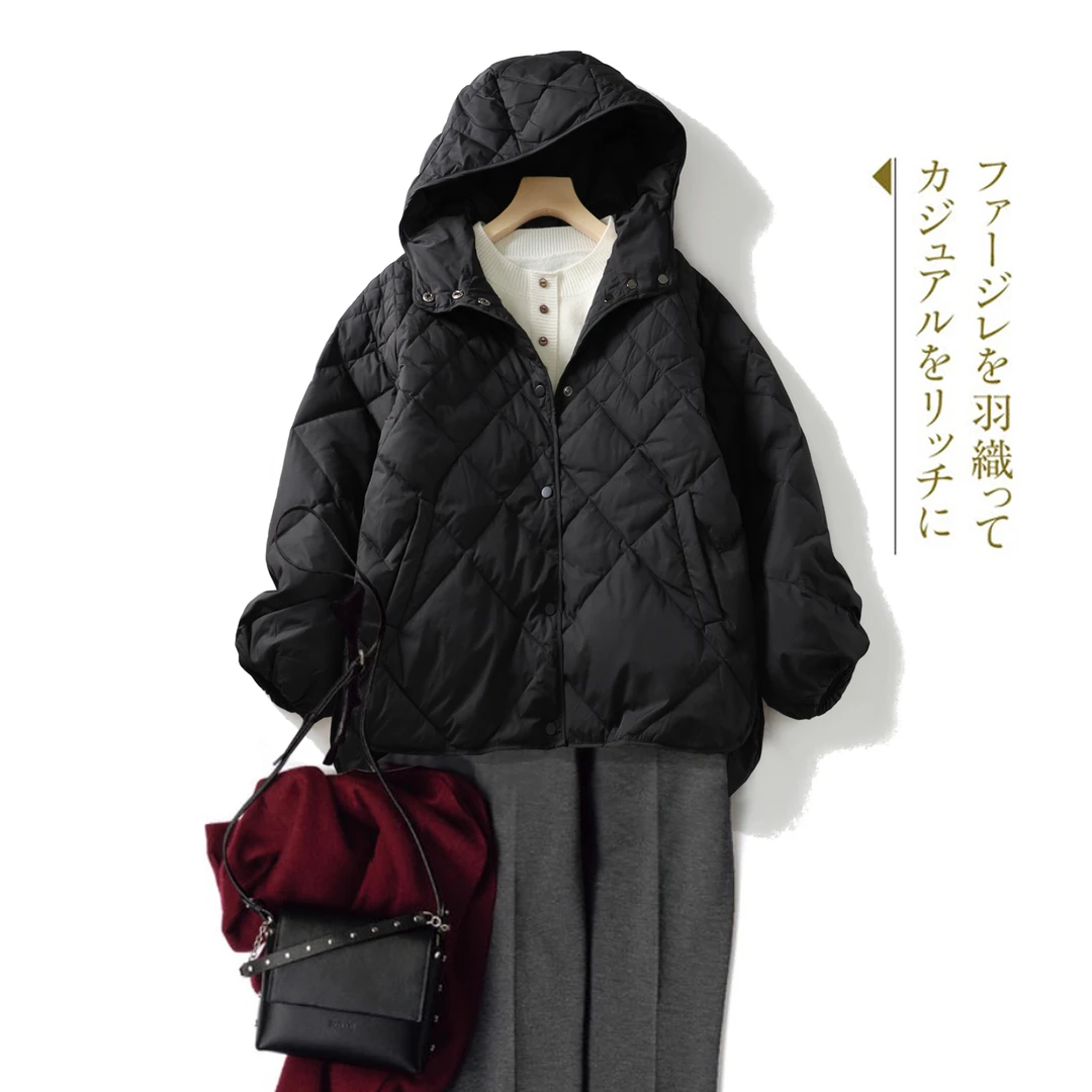 现货！白鹅绒厚实！出口韩国高货！防水！菱形格连帽外套羽绒服女