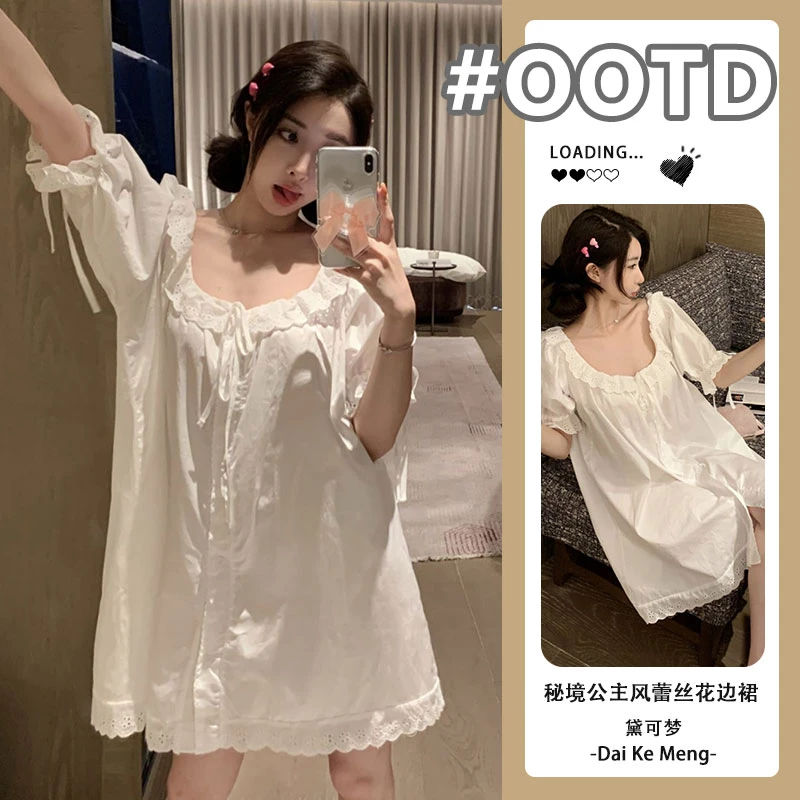 ins韩系镂空花边短袖裙女白色公主风短裙可外穿纯欲风家居服夏