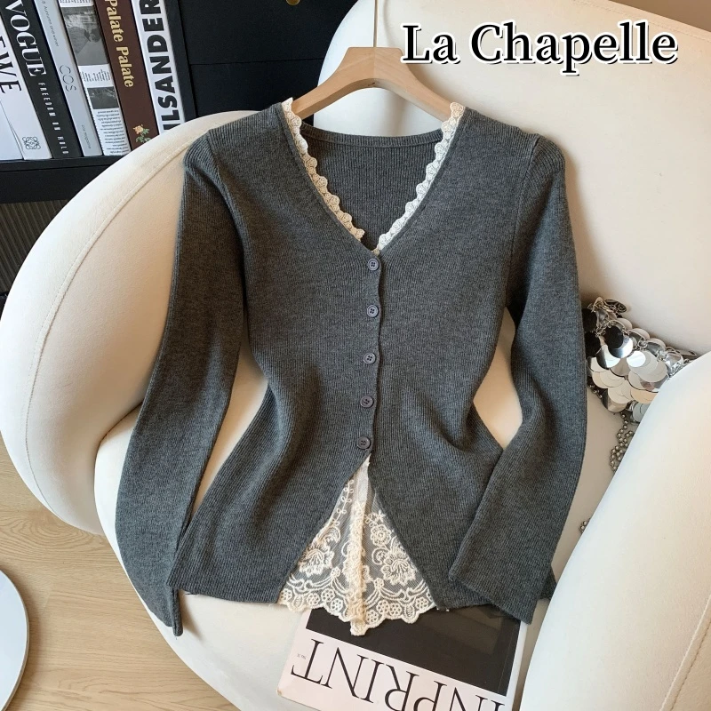 拉夏贝尔秋季韩系蕾丝拼接V领长袖针织开衫洋气百搭显瘦长袖上衣