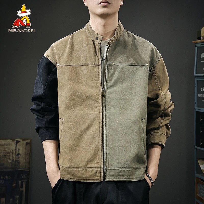 Mexican/稻草人美式复古立领夹克男士秋季宽松休闲拼接工装外套潮